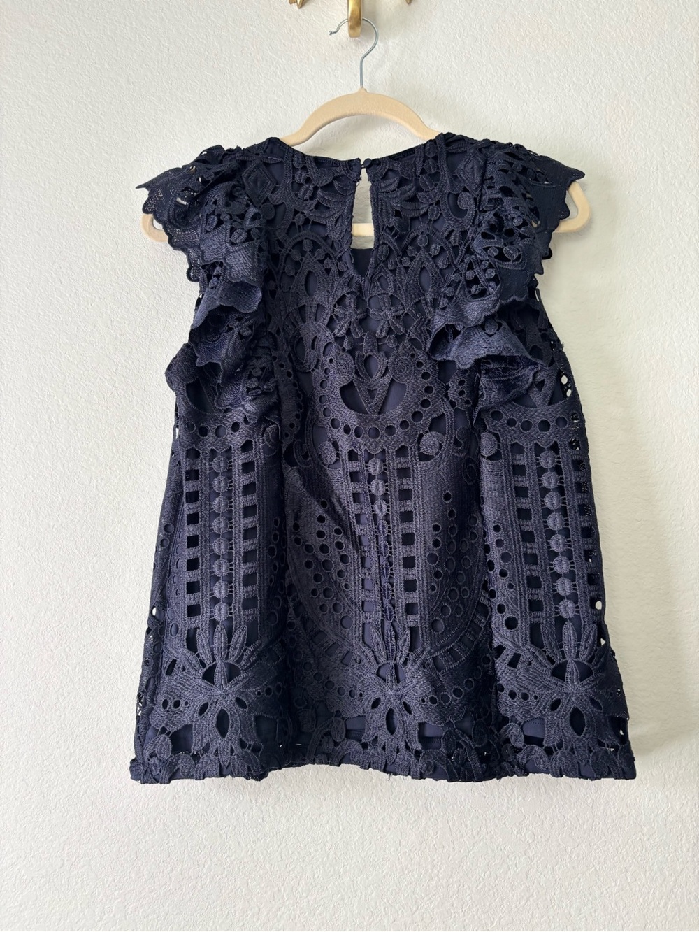 Express Navy Eyelet Ruffle Shell Top - Picture 3 of 3